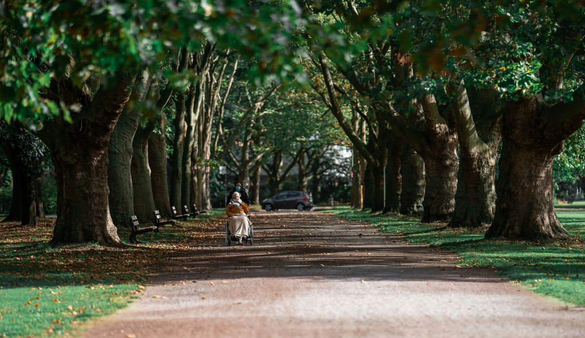 Caregiver and elderly walking alone together in field